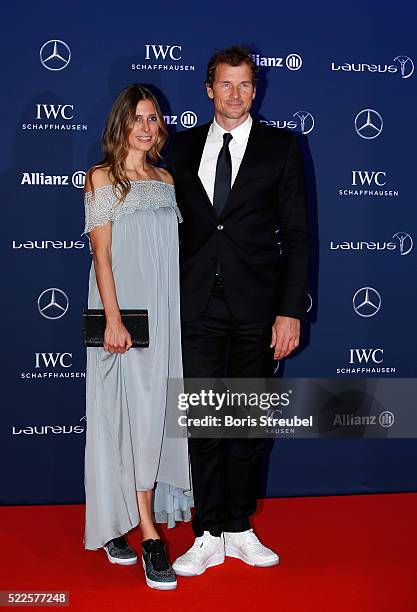 Laureus World Sports Ambassador Jens Lehmann and guest attend the 2016 Laureus World Sports Awards at Messe Berlin on April 18, 2016 in Berlin,...