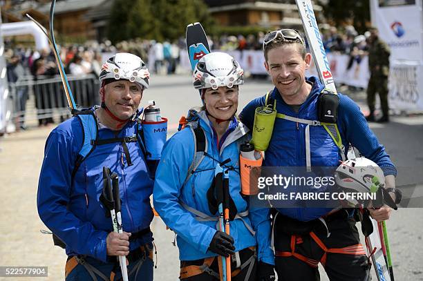Pippa Middleton poses with teammates Bernie Shrosbree and Tarquin Cooper after crossing the finish-line of the "Patrouille des Glaciers" ski...