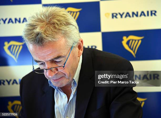 Michael O'Leary, CEO of Ryanair attends the Ryanair press conference on April 20, 2016 in Milan, Italy. Low cost airline Ryanair, presented the data...