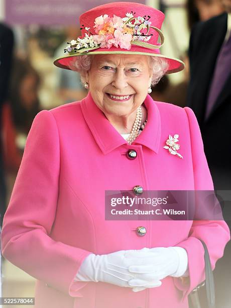 Queen Elizabeth II arrives to open the Alexandra Gardens Bandstand as part of her 90th Birthday celebrations In Windsor on April 20, 2016 in Windsor,...