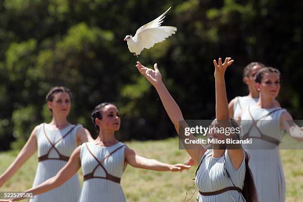 High pristesses perform at the Ancient Stadium during the Rehearsal for the Lighting Ceremony of the Olympic Flame at Ancient Olympia on April 20,...