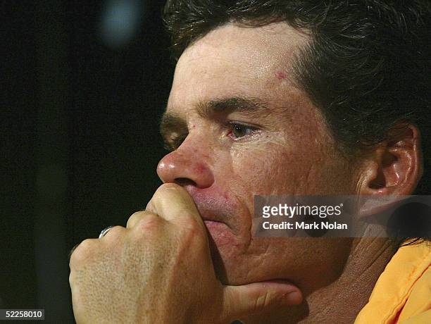 Scott Draper looks on during the press conference after the Australian Davis Cup team training at the Sydney International Tennis Centre, Homebush on...