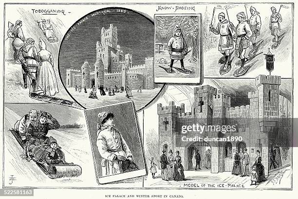 ice palace and winter sport in canada - ice sculpture stock illustrations