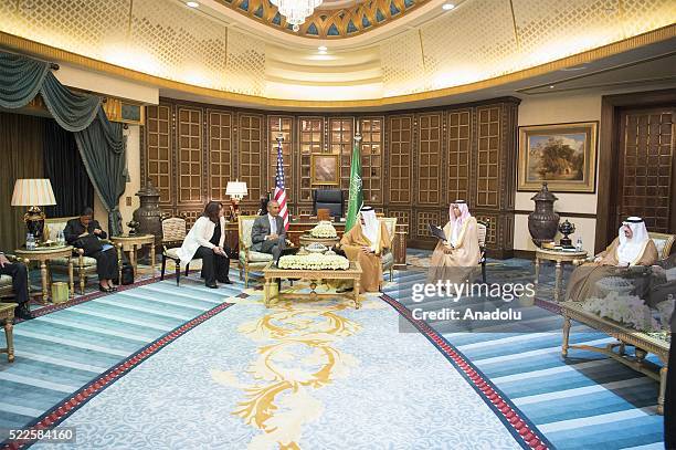 President Barack Obama meets with Saudi King Salman bin Abdulaziz Al Saud at Erga Palace in Riyadh on April 20, 2016. During his two-day visit, Obama...