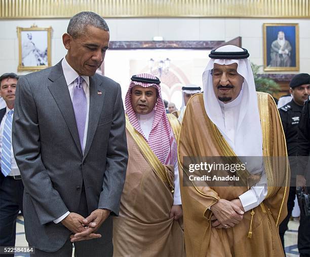 President Barack Obama meets with Saudi King Salman bin Abdulaziz Al Saud at Erga Palace in Riyadh on April 20, 2016. During his two-day visit, Obama...