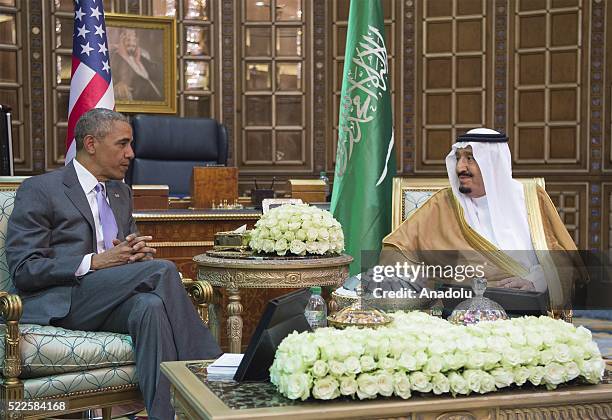 President Barack Obama meets with Saudi King Salman bin Abdulaziz Al Saud at Erga Palace in Riyadh on April 20, 2016. During his two-day visit, Obama...