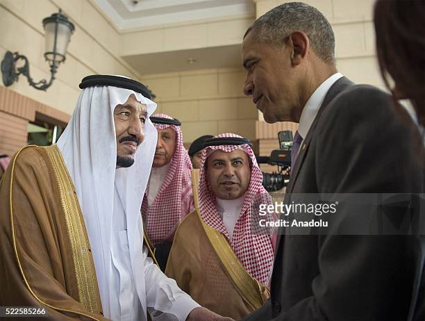 President Barack Obama shakes hands with Saudi King Salman bin Abdulaziz Al Saud at Erga Palace in Riyadh, on April 20, 2016. During his two-day...