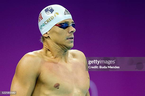 Cesar Cielo of Brazil swims the Men's 50m Freestyle heats during the Maria Lenk Trophy competition at the Aquece Rio Test Event for the Rio 2016...