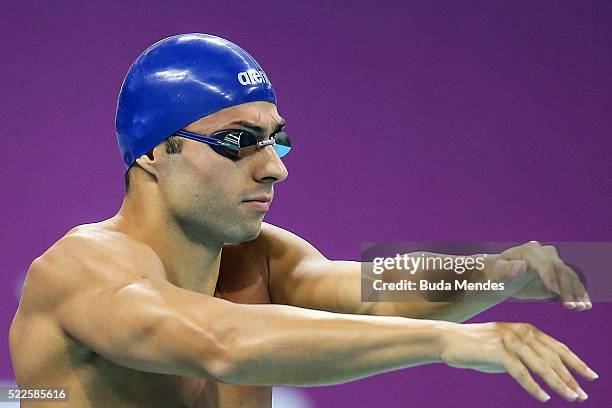 Italo Manzine Duarte of Brazil swims the Men's 50m Freestyle heats during the Maria Lenk Trophy competition at the Aquece Rio Test Event for the Rio...