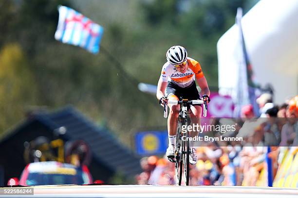 Anna van der Breggen of the Netherlands and Rabobank-Liv crosses the finish line to win the 19th Fleche Wallonne women's race on April 20, 2016 in...