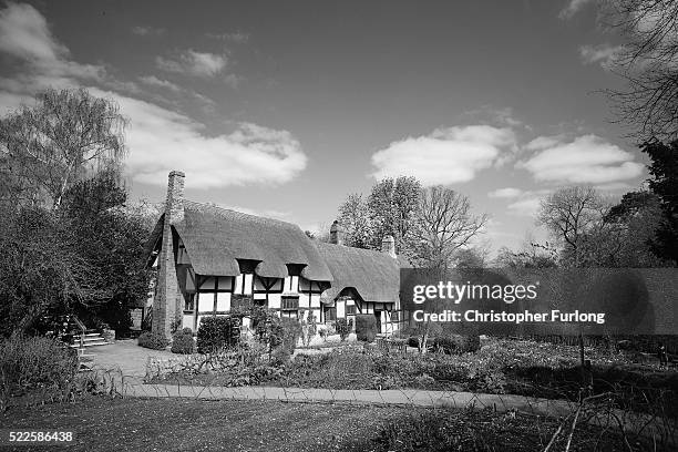 Anne Hathaway's Cottage is bathed in Spring sunshine on April 19, 2016 in Stratford-upon-Avon, England. 2016 is the 400th anniversary of William...