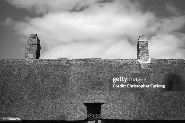 The thatched roof of Anne Hathaway's Cottage on April 19, 2016 in Stratford-upon-Avon, England. 2016 is the 400th anniversary of William...