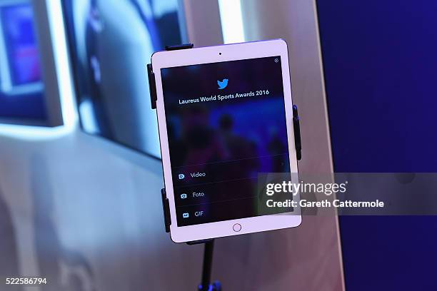 Close up of the Laureus Cyber Suite attends the 2016 Laureus World Sports Awards at Messe Berlin on April 18, 2016 in Berlin, Germany.