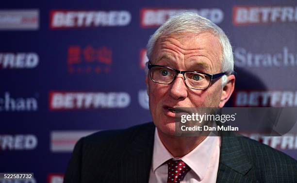 Barry Hearn, Chairman of World Snooker speaks during a press conference on day 5 of the World Snooker Championship at The Crucible Theatre on April...