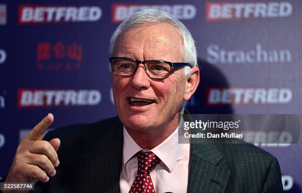 Barry Hearn, Chairman of World Snooker speaks during a press conference on day 5 of the World Snooker Championship at The Crucible Theatre on April...