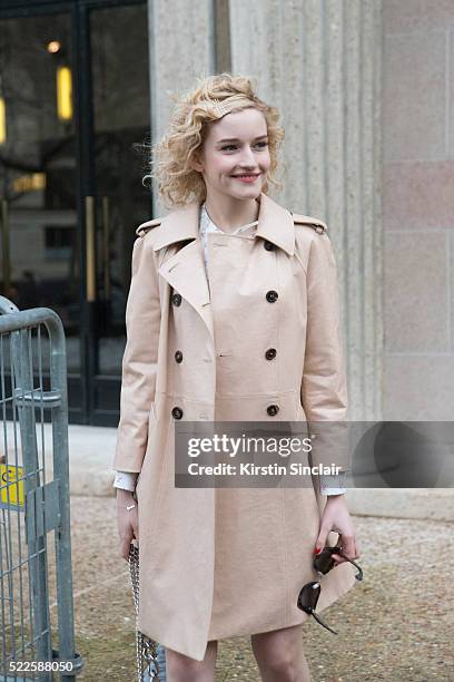 Actress and Model Julia Garner wearing all Miu Miu on day 9 during Paris Fashion Week Autumn/Winter 2016/17 on March 9, 2016 in Paris, France. Julia...