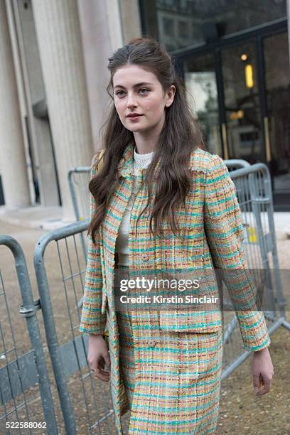 Actess Millie Brady wears all Miu Miu on day 9 during Paris Fashion Week Autumn/Winter 2016/17 on March 9, 2016 in Paris, France. Millie Brady