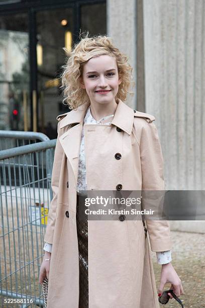 Actress and Model Julia Garner wearing all Miu Miu on day 9 during Paris Fashion Week Autumn/Winter 2016/17 on March 9, 2016 in Paris, France. Julia...