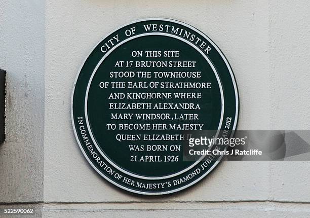 General view of one of two plaques that mark the birthplace of the Queen at 17 Bruton Street on April 20, 2016 in Windsor, England. Queen Elizabeth...