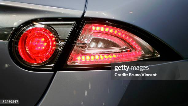 Detail of the new Jaguar Advanced Lightweight Coupe is seen at the 75th International Geneva Motor Show press preview on March 1, 2005 in Geneva,...