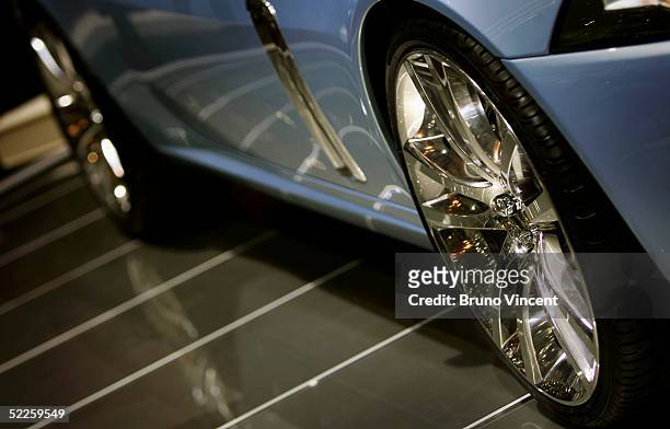 Detail of the new Jaguar Advanced Lightweight Coupe is seen at the 75th International Geneva Motor Show press preview on March 1, 2005 in Geneva,...