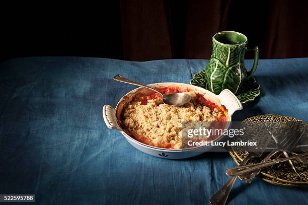 home made vegan rhubarb crumble - cobbler stock pictures, royalty-free photos & images