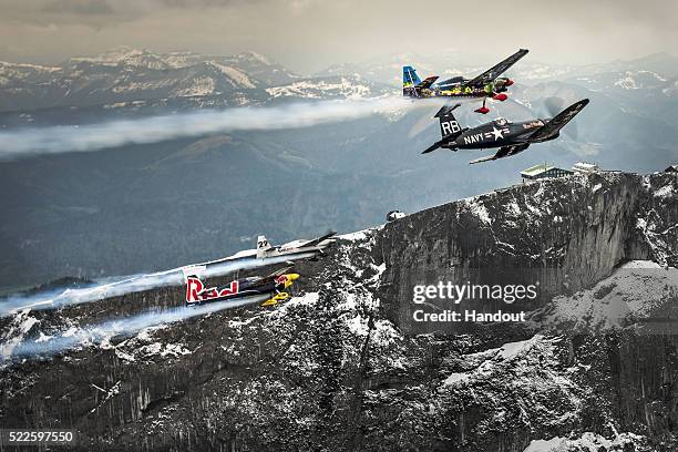 Eric Goujon of France in a Corsair leads the formation with Petr Kopfstein of the Czech Republic, Hannes Arch of Austria and Martin Sonka of the...