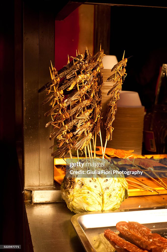 Grasshoppers skewers in Wangfujing, Beijing