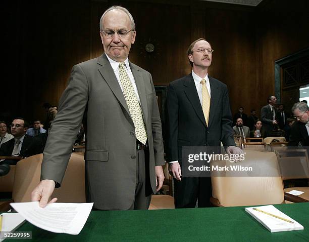 Senator Larry Craig and William Myers wait for the start of a Senate Judiciary Committee Hearing on Capitol Hill, March 1, 2005 in Washington DC. The...