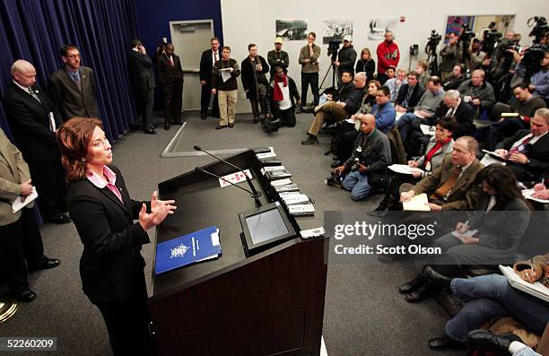 Shannon Metzker of the U.S. Marshals' office speaks to the media during a press conference of Michael Lefkow and Donna Humphrey, the husband and...