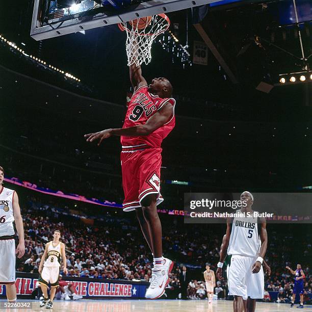 Luol Deng of the Rookie Team dunks against the Sophomore Team during the 2005 Got Milk? Rookie Challenge on February 18, 2005 at The Pepsi Center in...