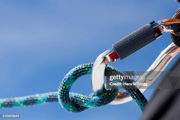 climbing rope and carabiner - equipamento de alpinismo imagens e fotografias de stock