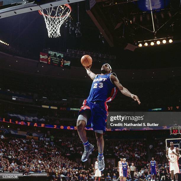 LeBron James of the Eastern Conference All-Stars dunks against the Western Conference All-Stars during the 2005 All-Star Game on February 20, 2005 at...