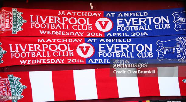 Merchandise on sale during the Barclays Premier League match between Liverpool and Everton at Anfield, April 20 Liverpool, England