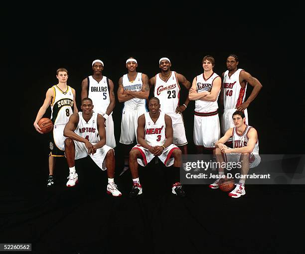 Luke Ridnour#8, Josh Howard, Carmelo Anthony, LeBron James, Kyle Korver, Udonis Haslem, Chris Bosh, Dwyane Wade and Kirk Hinrich of the Sophomore...