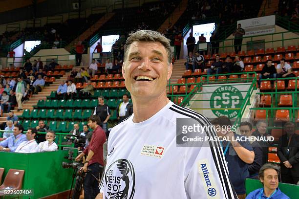 Former French International player and Stade Toulousain's general manager Fabien Pelous is pictured ahead of a charity indoor football match between...