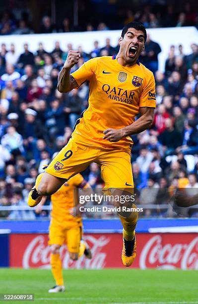 Luis Suarez of FC Barcelona celebrates after scoring the opening goalduring the La Liga match between RC Deportivo La Coruna and FC Barcelona at...