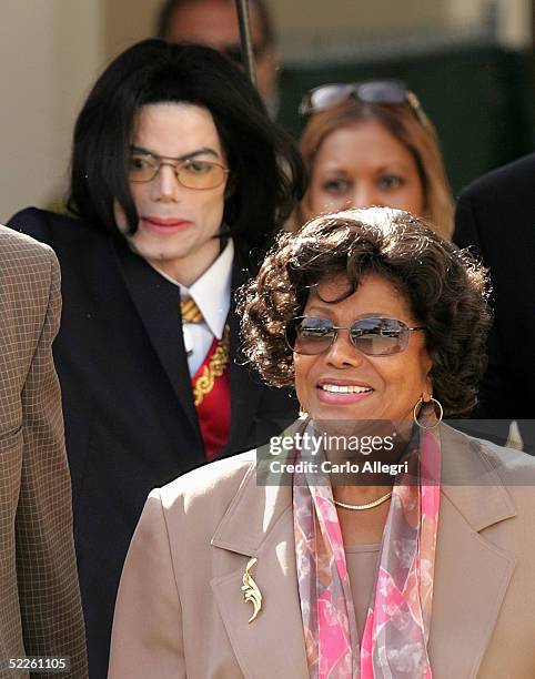 Michael Jackson and his mother Katherine Jackson depart the Santa Barbara County Courthouse March 1, 2005 following the second day of Jackson's trial...