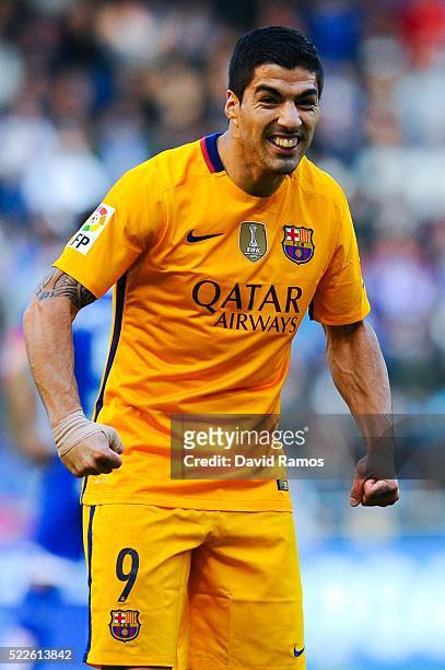 Luis Suarez of FC Barcelona celebrates after scoring his team's second goal during the La Liga match between RC Deportivo La Coruna and FC Barcelona...
