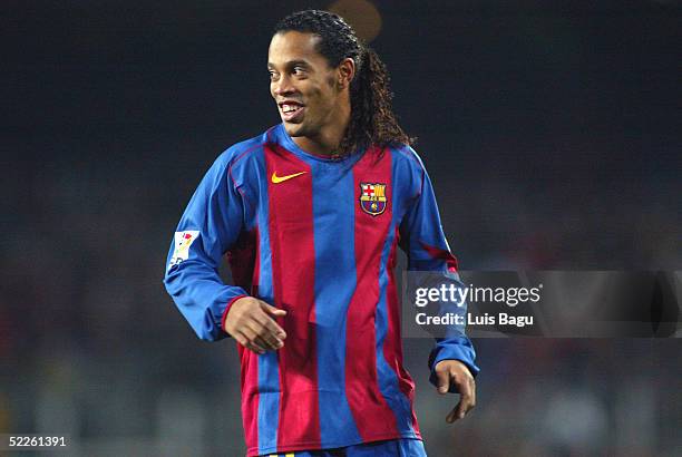 Ronaldinho of FC Barcelona smiles in the La Liga match between FC Barcelona and RCD Espanyol on March 1, 2005 at Camp Nou stadium in Barcelona, Spain.