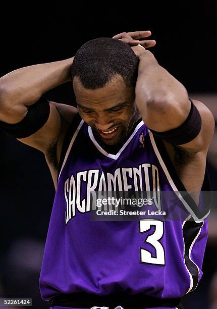 Cuttino Mobley of the Sacramento Kings reacts to his team's loss to the Charlotte Bobcats during their game on March 1, 2005 at the Charlotte...