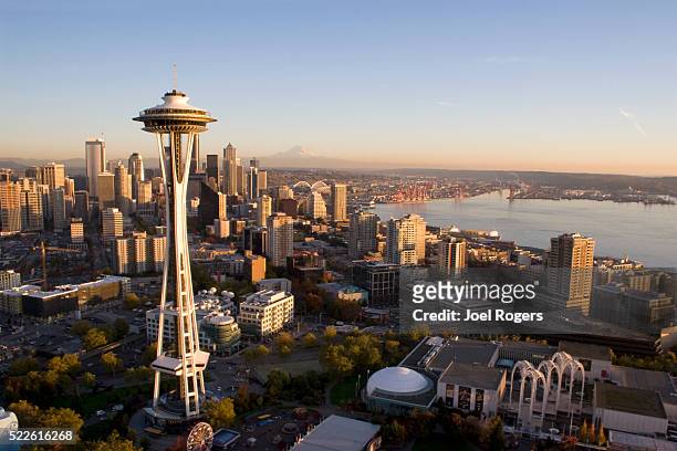 space needle and seattle skyline - seattle aerial stock pictures, royalty-free photos & images