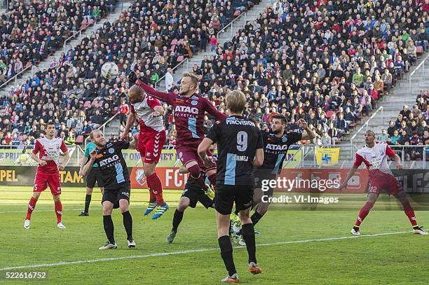 Chris Kum of FC Utrecht, Nathaniel Will of De Graafschap, Ruud Boymans of FC Utrecht , Goalkeeper Hidde Jurjus of De Graafschap, Vincent Vermeij of...