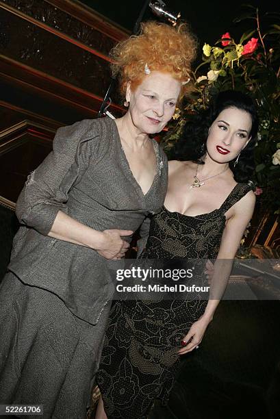 Performing artist Dita Von Teese and designer Vivienne Westwood attend the Vivienne Westwood Diamond Party at the "France Amerique" residence on...