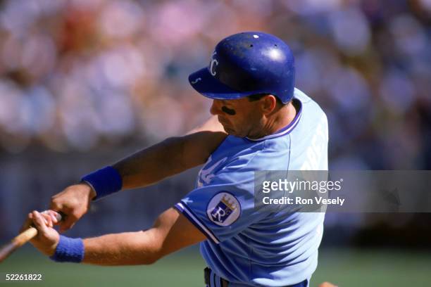 George Brett of the Kansas City Royals swings the bat during a game circa 1973-1993.