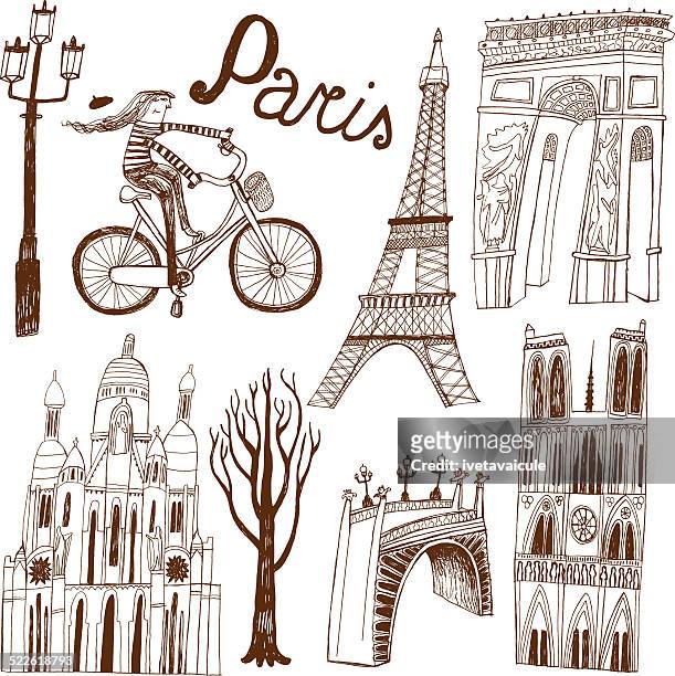 bildbanksillustrationer, clip art samt tecknat material och ikoner med paris in france monuments: eiffel tower, arc de triomphe - paris