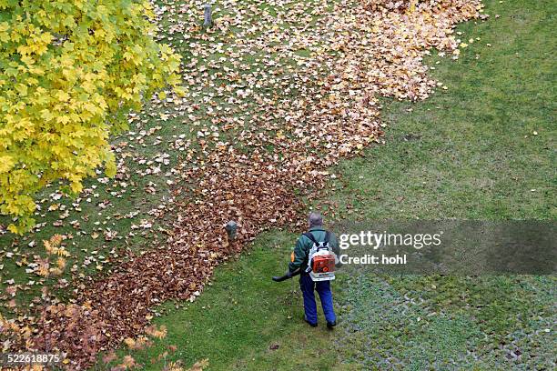 gärtner arbeiten mit laubbläser - laubbläser stock-fotos und bilder