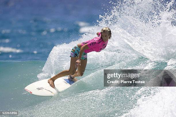 World number three Australian Chelsea Georgeson competes in the Roxy Pro on March 2, 2005 at Snapper Rocks on the Gold Coast of Australia. The Roxy...
