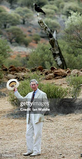 Prince Charles the Prince of Wales visits a bird of prey exhibition at Desert Park, March 2, 2005 in Alice Springs, Australia. Prince Charles is on a...