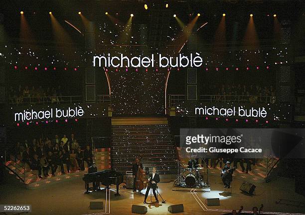 Canadian singer Michael Buble performs at the first day of the San Remo Festival at the Ariston Theatre on March 1, 2005 in San Remo, Italy. The...